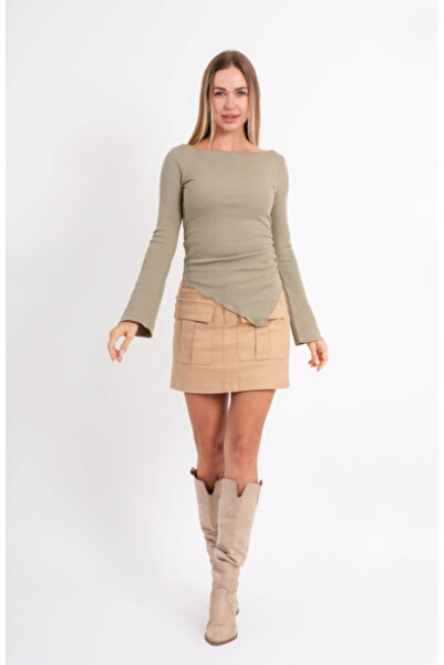 ALCİNOUS Bell Sleeve Boat Neck Embroidery Detail 100% Cotton Basic Blouse