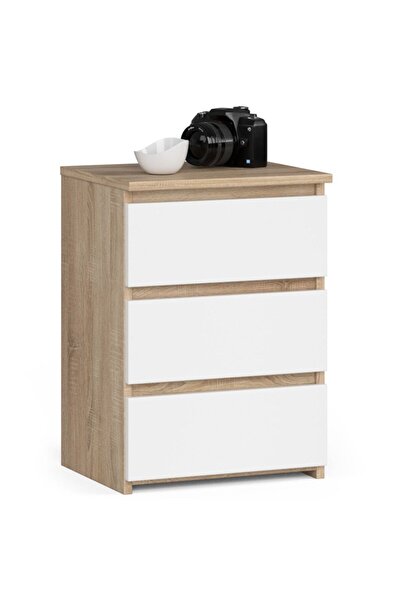 SERSIMO Bedside table with 3 drawers, 16 mm laminated chipboard, 40x35x57 cm, sonoma oak and white