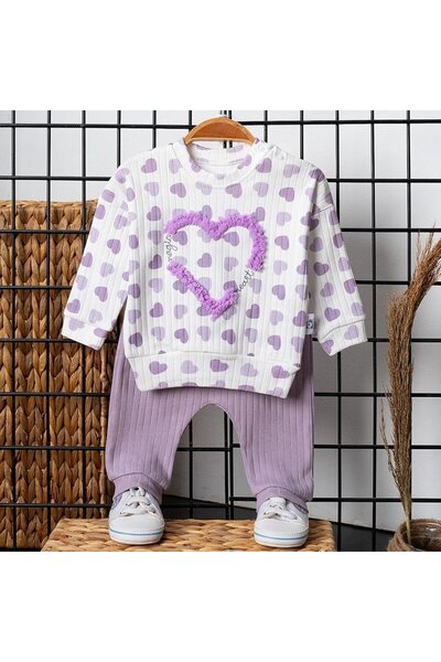 bebegen Kız Bebek Ekru Lila Kalpli Desenli Fitilli 2'li Takım