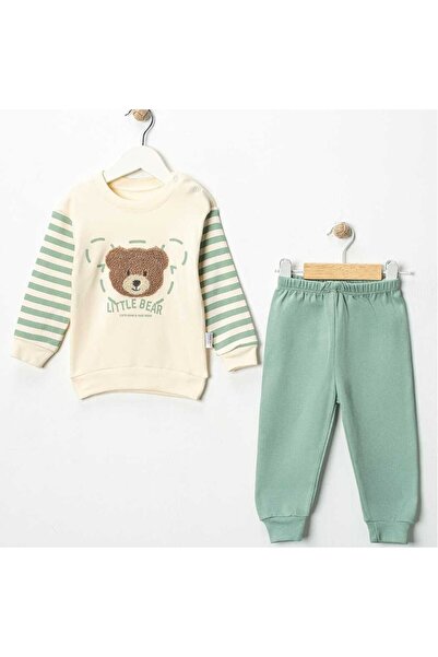 bebegen طقم مكون من قطعتين للأطفال الأولاد مطرز عليه دب مخطط باللون الأخضر ال...