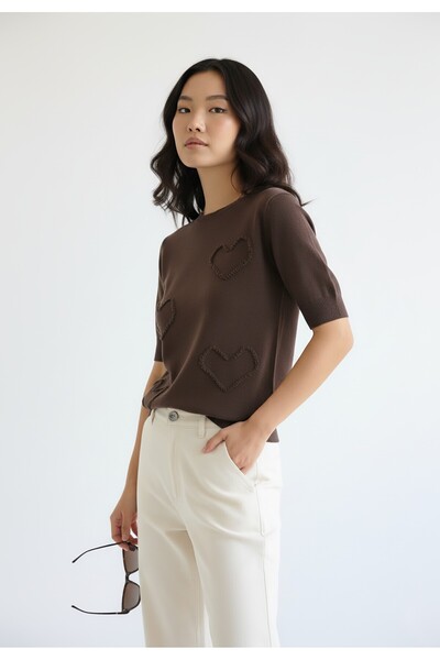 Figl Women's Heart Sweater - Women's Short Sleeve Sweater - Brown M1278 size M