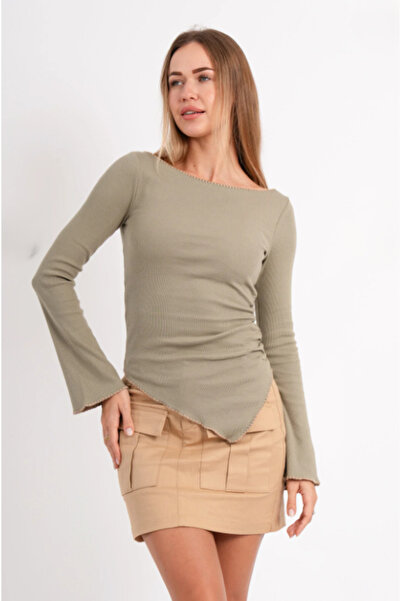 ALCİNOUS Bell Sleeve Boat Neck Embroidery Detail 100% Cotton Basic Blouse