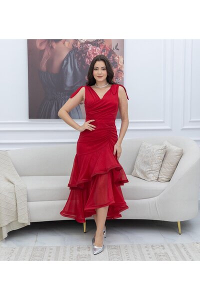 TREN Elegant Tiered Ruffle Midi Dress V-Neck Sleeveless Evening Gown with Wrap Bodice for Women