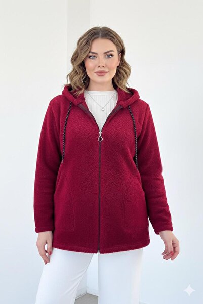 MILANOFOX Women's Hooded Zippered Double Pocket Oversized Burgundy Plush Sweatshirt