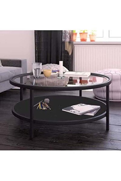 AGD Round Open Double-Layer Coffee Table with Tempered Glass Top and Wooden Storage Shelf, Black Bro