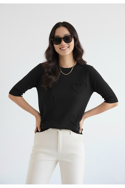 Figl Women's Heart Sweater - Women's Short Sleeve Sweater - Black M1278 size S