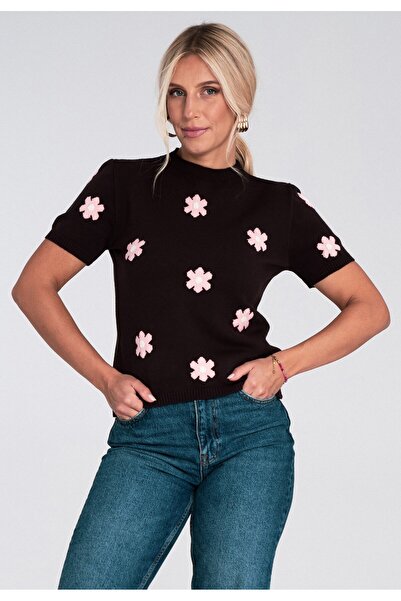 Figl Short sleeve sweater - Floral sweater - Brown sweater M1235 size M