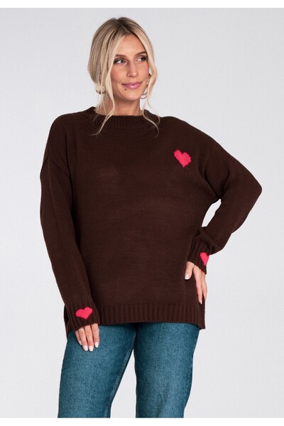Figl Pulover cu inimă - Pulover tricotat gros - Pulover maro M1240 mărimea XL