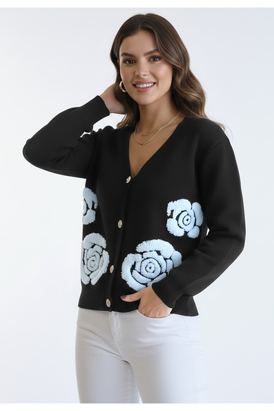 Figl 3D floral cardigan - Short cardigan sweater - Black cardigan M1275 size M