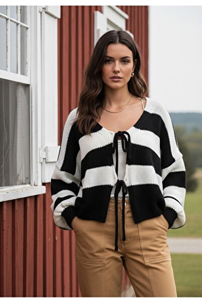 Figl Women's striped sweater - Knitted sweater - Black sweater M1244 size XL