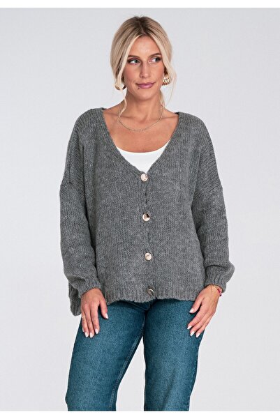Figl Women's short cardigan - Sweater with decorative buttons - Gray sweater M1241 size S