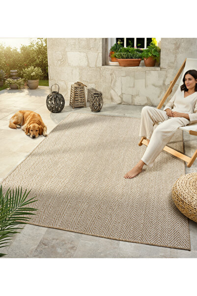 CASERA HOME NATURAL COLLECTION JUT TABANLI HASIR DOKUMA ÖRME BOHEM ANTIALERJIK HALI BEYAZ KAHVE BALIK SIRTI 408