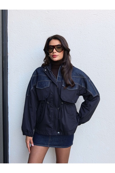 ESRAHELVACI Denim Paneled Waist Drawstring Coat