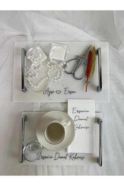 MERALP 8 Piece Engagement Tray, Groom's Coffee Tray, 2-Piece Ilıca Silver Metal Profile Handle