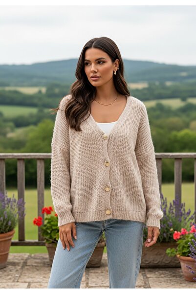 Figl Women's short cardigan - Sweater with decorative buttons - Beige sweater M1241 size M