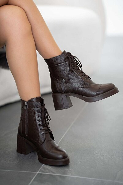 Parponi Mirora women's genuine leather lace-up heeled boots brown