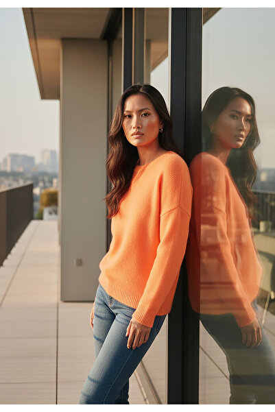 Figl Oversized loose sweater - V-neck sweater - Orange sweater M1236 size M