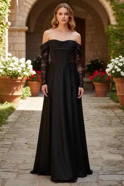 SpringStore Siyah Kolu Dantelli Saten Abiye