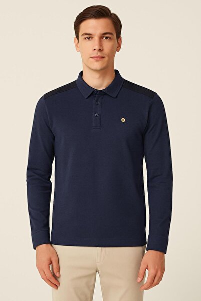 RAPAPA Men's Shoulder Detail Polo Neck Long Sleeve Knit Sweater – Navy Blue 1094