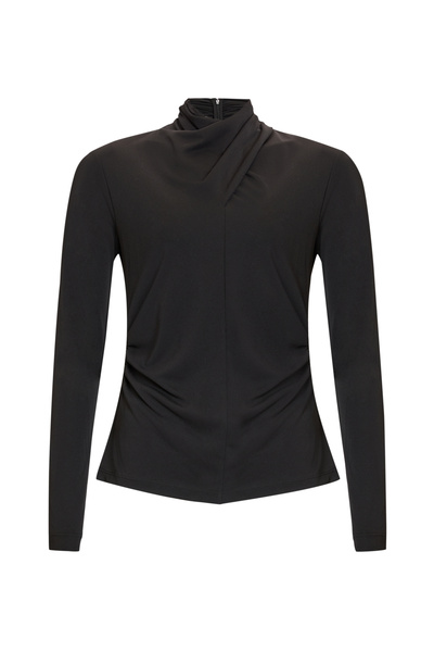 Exquise Draped Collar Long Sleeve Knitted Regular Black Blouse