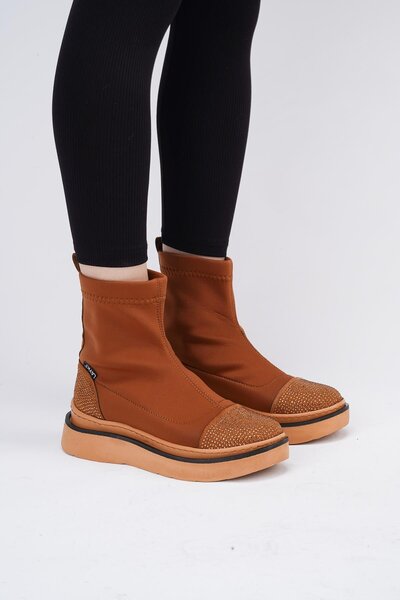 layki Afron Tan Colored Tan Leather Detailed Stoned Winter Women's Boots