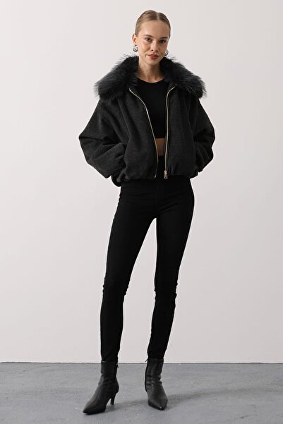 VAGGON Women's Anthracite Fur Collar Zipper Closure Bomber Cashmere Jacket Vs01540