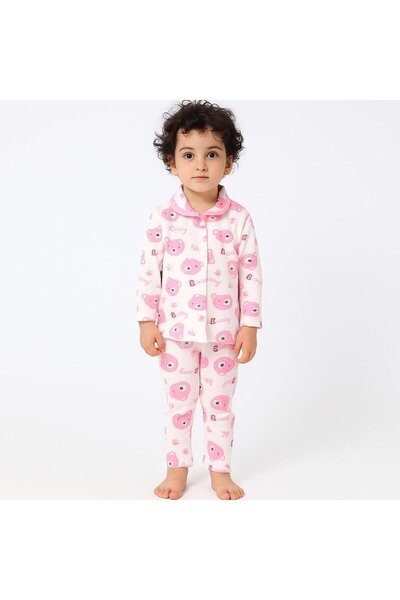 bebegen Kız Bebek Ekru Pembe Baby Ayılı Desenli Yakalı Çıtçıtlı Pijama Takımı 0-6 Ay
