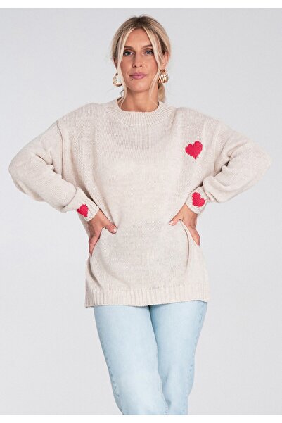 Figl Pulover cu inimă - Pulover tricotat gros - Pulover bej M1240 mărimea L