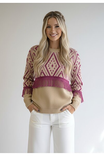 Figl Pulover boho cu franjuri - Pulover boho - Pulover bej M1265 mărimea S