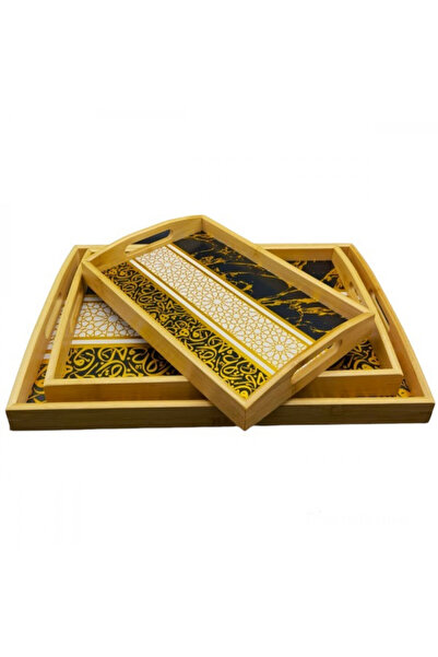 cc bin shihon Serving trays, 3 rectangular wooden trays with decorative designs, serving platter set