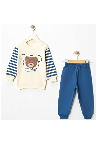 bebegen طقم مكون من قطعتين للأطفال الأولاد مطرز عليه دب مخطط باللون الأزرق ال...