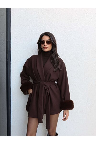 ESRAHELVACI Short Coat with Fur Cuffs and Tie-Up