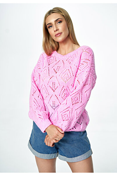Figl Women's Oversized sweater with boat neckline - pink M887, one size fits all