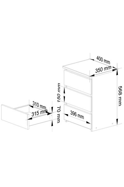 SERSIMO Bedside table with 3 drawers, 16 mm laminated chipboard, 40x35x57 cm, white