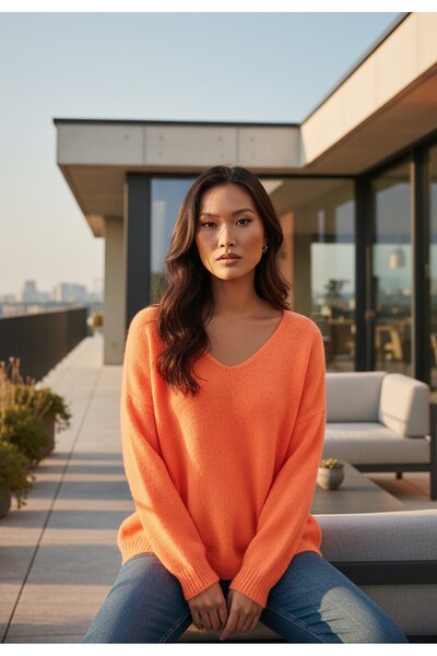 Figl Oversized loose sweater - V-neck sweater - Orange sweater M1236 size XL