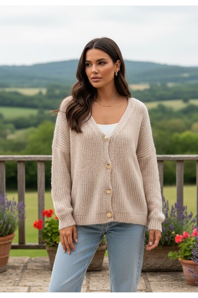 Figl Women's short cardigan - Sweater with decorative buttons - Beige sweater M1241 size XL