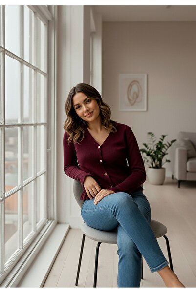 Figl Women's short sweater - Cardigan with decorative buttons - Cherry sweater M1247 size M