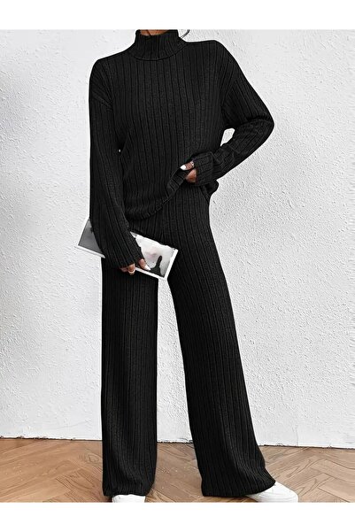 NEWORGINAL Women's Turtleneck Cotton Line Pattern Casual Comfortable Two-Piece Set