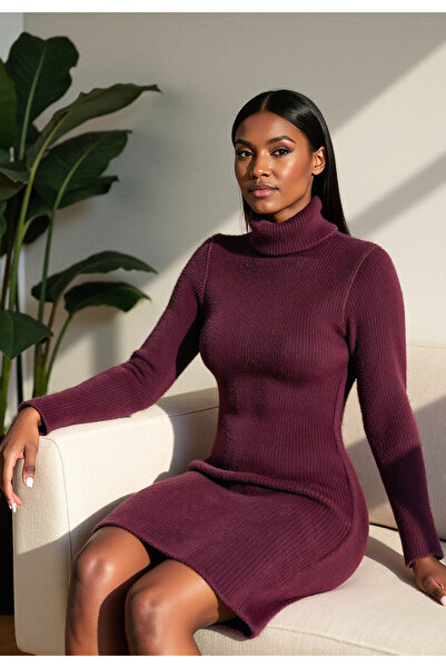 Figl Warm dress with high collar - Knitted dress - cherry M1096 size Universal