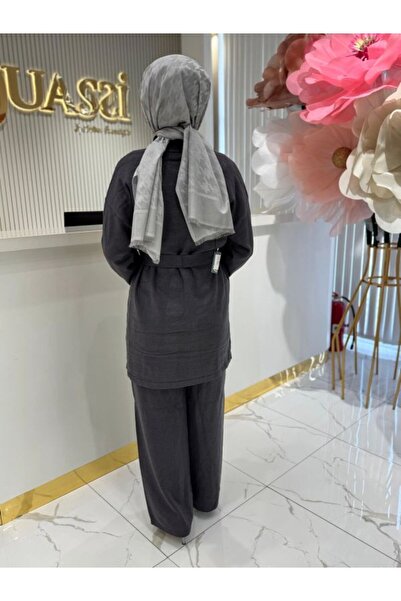 FUAT GÜRSEN Pearl Button Detailed Waist Belted Bag Pocket Trouser Three-Piece Knitwear Set