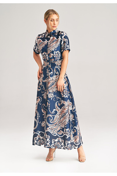 Figl Elegant long satin dress, navy blue with flowers, M1021, one size fits all