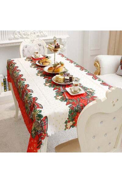 POLLEN LIFE مفرش طاولة من القماش كريمي/أحمر/أخضر غامق 180×150 سم