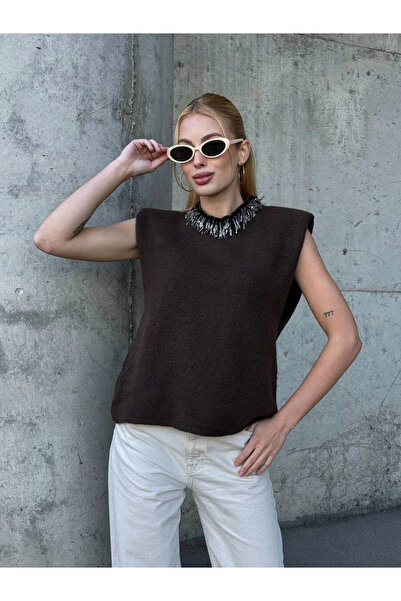 bysoca Γυναικείο πλεκτό πουλόβερ χωρίς μανίκια με κρυστάλλινο κέντημα V βάτα