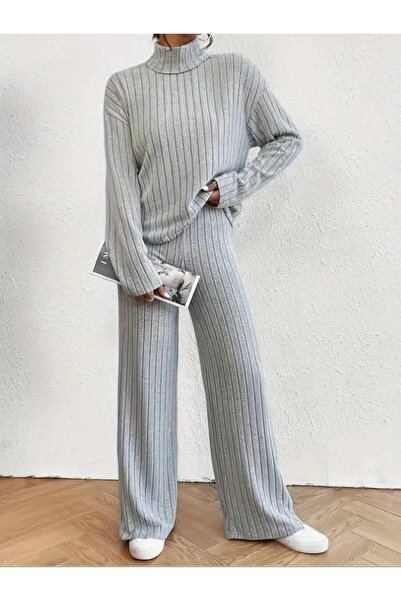 NEWORGINAL Women's Turtleneck Cotton Line Pattern Casual Comfortable Two-Piece Set