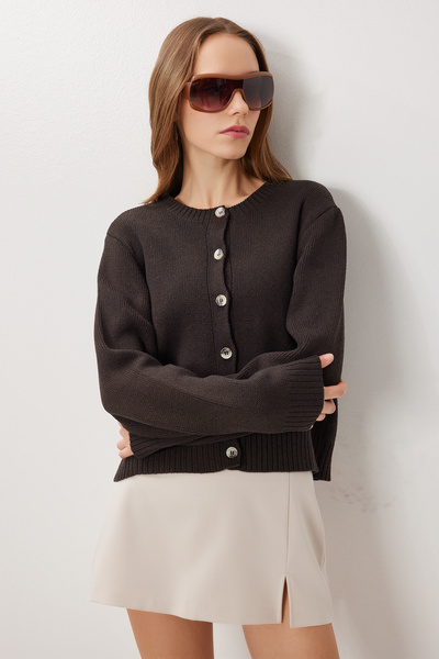 Lovelyİstanbul Buttoned Basic Knitwear Cardigan Lxa0020 Aci Brown