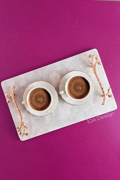 ioadesign Acacia Real Thin Marble Presentation Tray 32X20 cm - Gold Handle