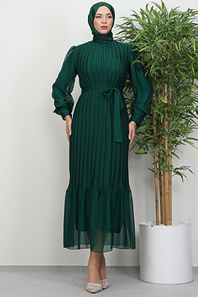 Lamia Giyim Piliseli Janjan Abiye Koyu Yeşil
