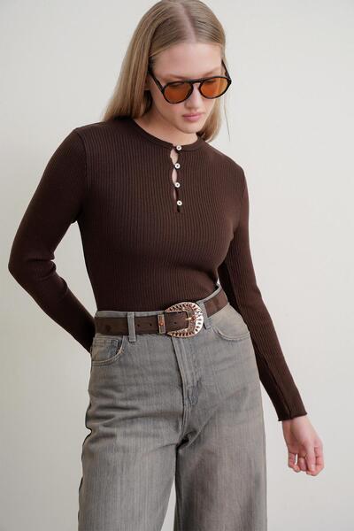 Mixray 6982 women's britli detailed soft basic sweater brown
