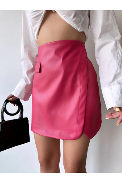 Zerenyus Oval Leather Skirt with Pocket Detail Fuchsia