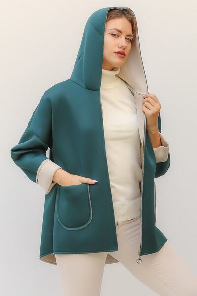 della moor Women's Green Italian Scuba/Diver Fabric Zippered Hooded Oversize Jacket